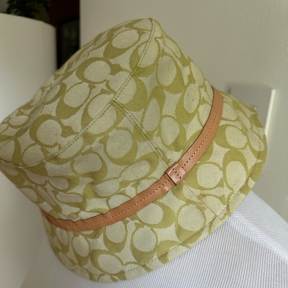 Coach Signature Bucket Hat in Light Green and Beige with Tan Trim